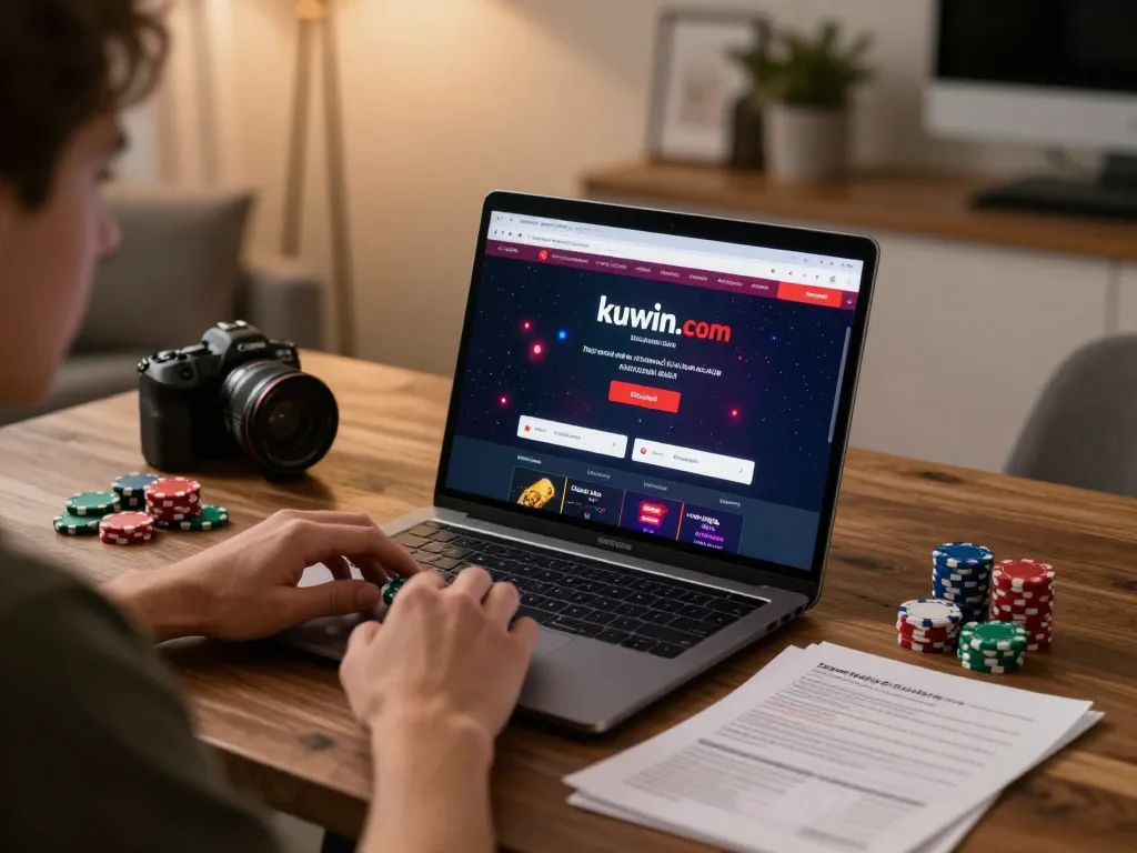 Engaging with kuwin. com online casino through a focused home gaming setup, showcasing a lively atmosphere.