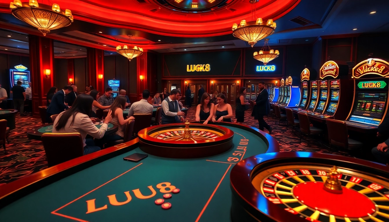 Experience LUCK8 excitement at a luxurious casino with vibrant gaming tables and thrilling players.