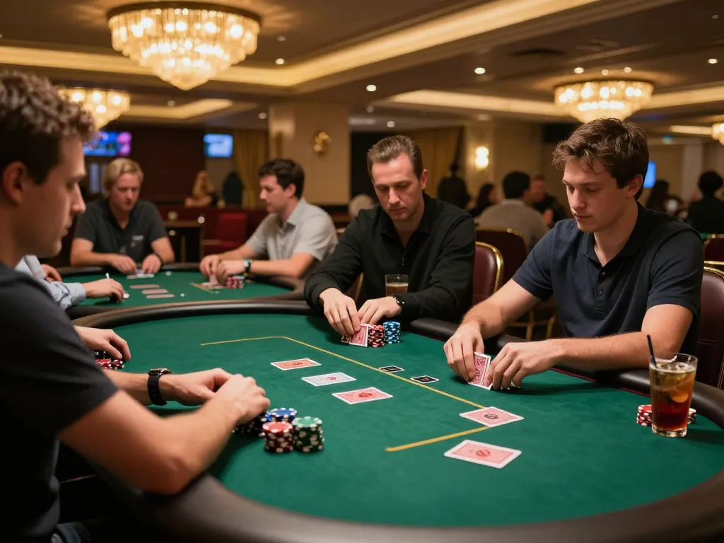 Players engaging in a thrilling poker game at ALO8 casino table, surrounded by a luxurious atmosphere.