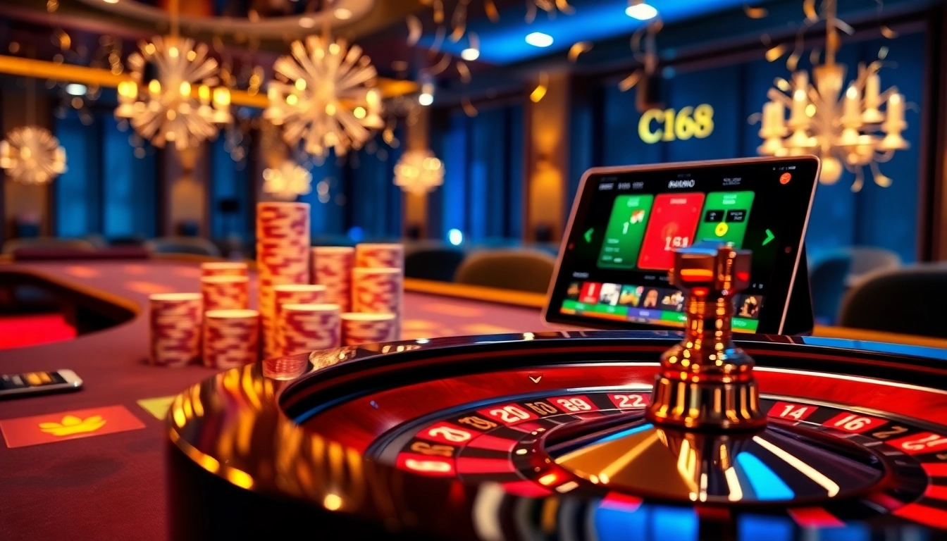 C168 logo shines prominently over a luxurious casino scene with a high-stakes poker table.