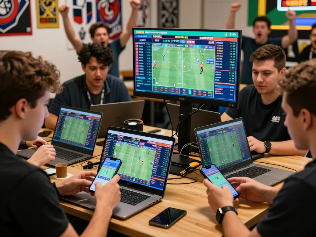 Engaging sports betting experience on zbet with bettors using devices and live odds display.