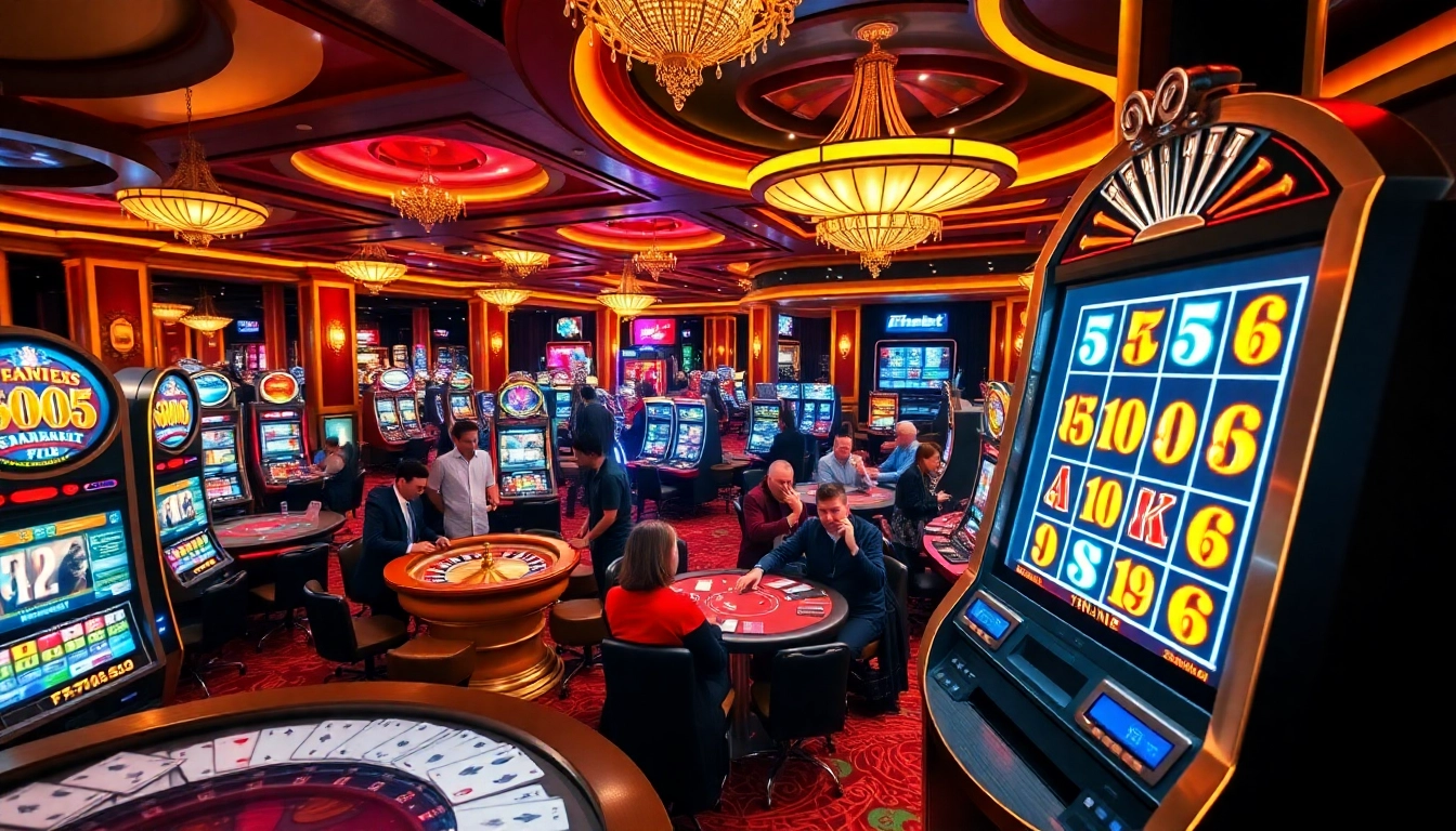 Players enjoying a thrilling gaming experience at THABET casino with vibrant slot machines and roulette.