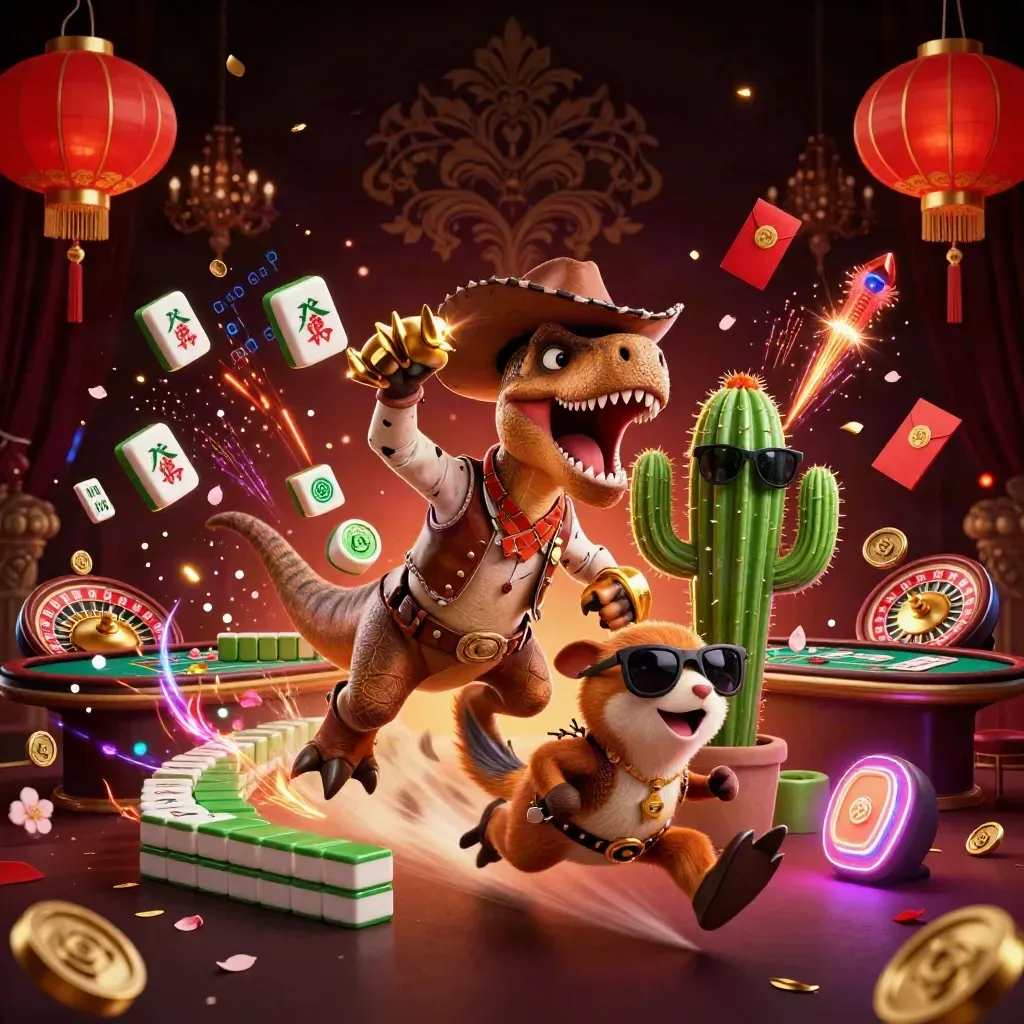 Cowboy T-Rex trio amid casino treasure, lanterns, coins, roulette wheel, glowing gold light.