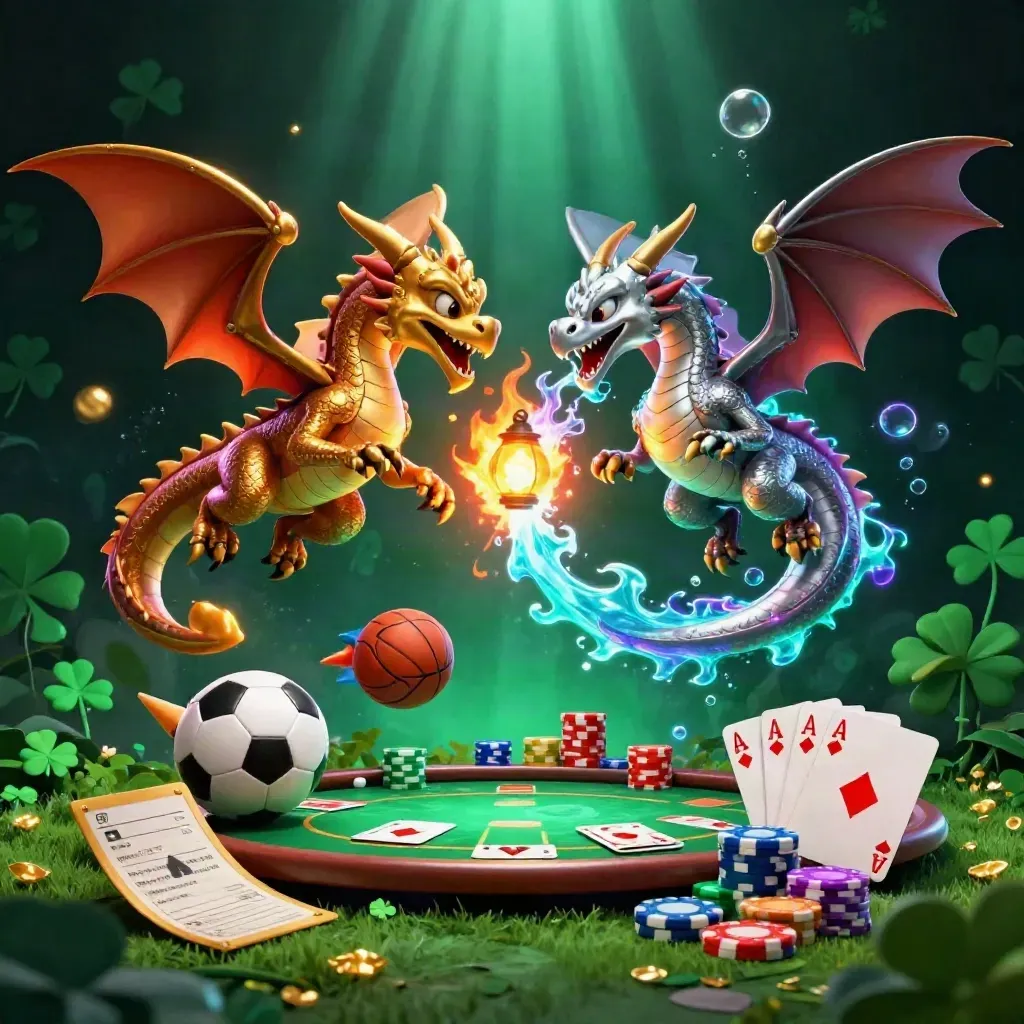 Twin gold and silver dragons spiral over casino props with balls, chips, and glowing effects.