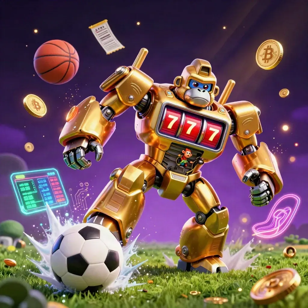 Golden gorilla mech and monkey pilot smash a soccer ball amid casino neon and flying coins.