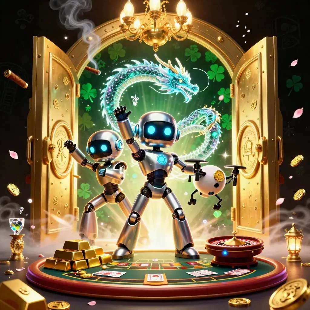 Cyberpunk robot, holographic dragon and drone burst from a glowing vault in a luxe casino room.