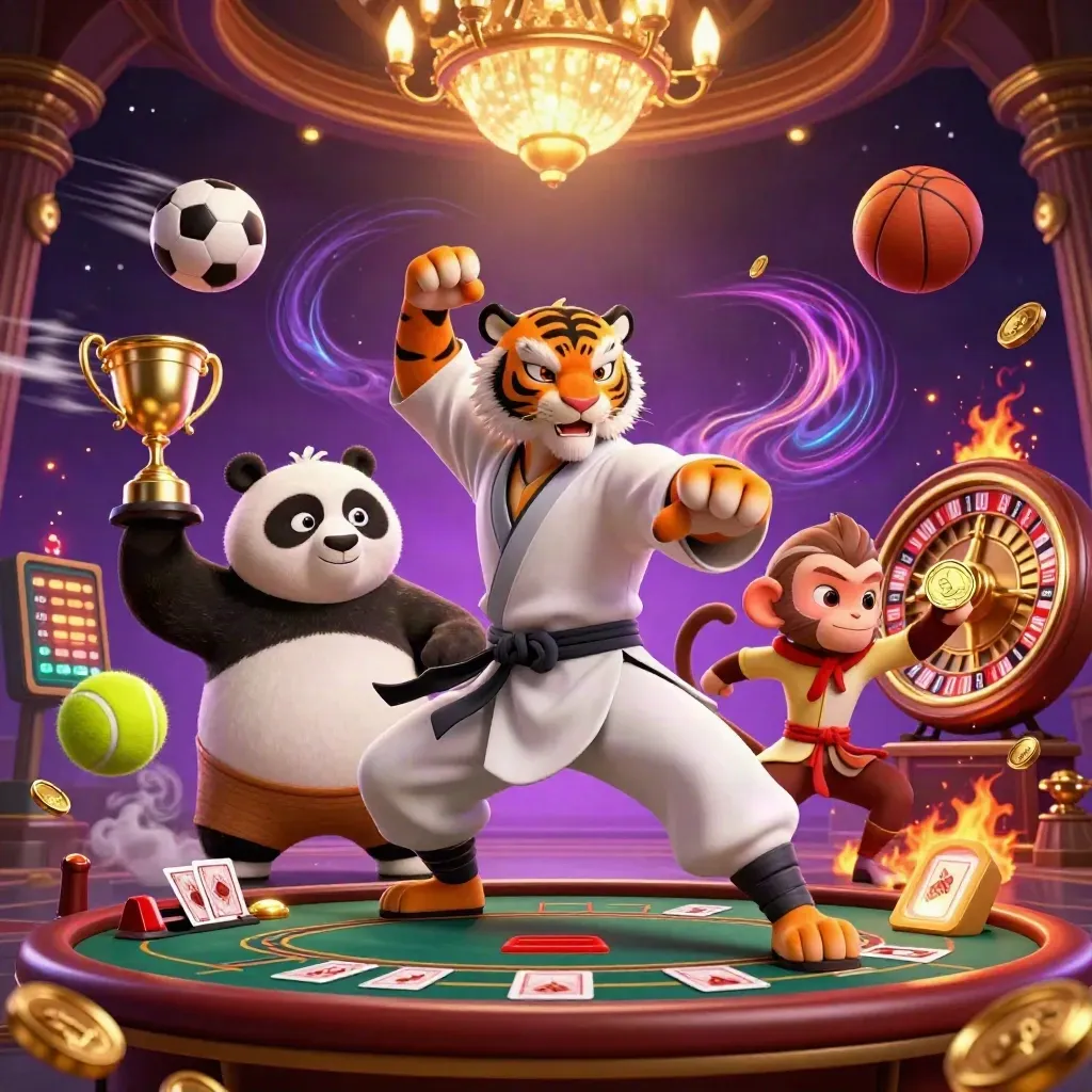 Kung-fu tiger, panda, and monkey amid casino lights, gold, and magical energy