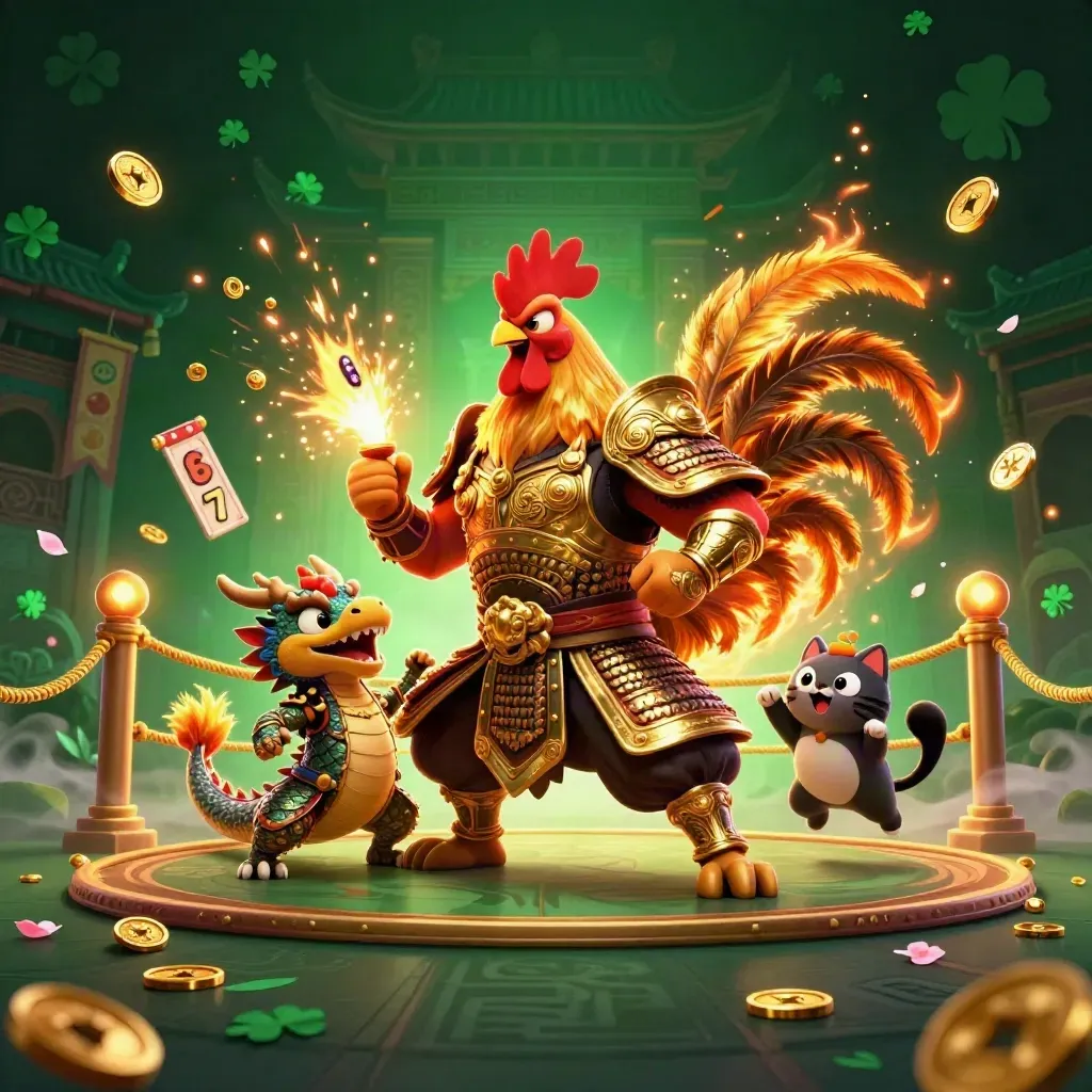 Rooster warrior, dragon hatchling, and fortune cat burst amid casino treasure and emerald glow.
