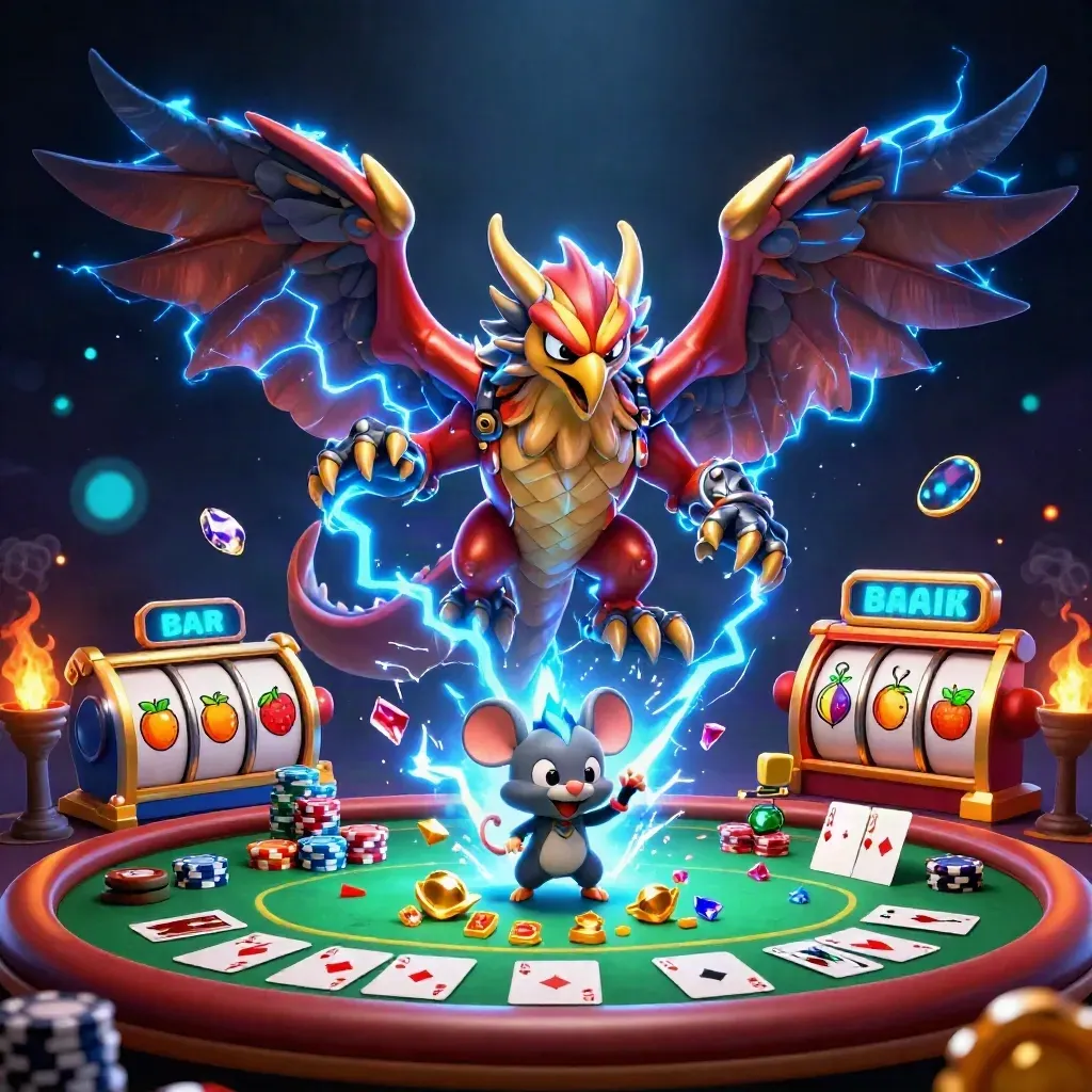 Thunder dragon, hawk, and mouse amid poker chips, cards, lightning, and casino effects.