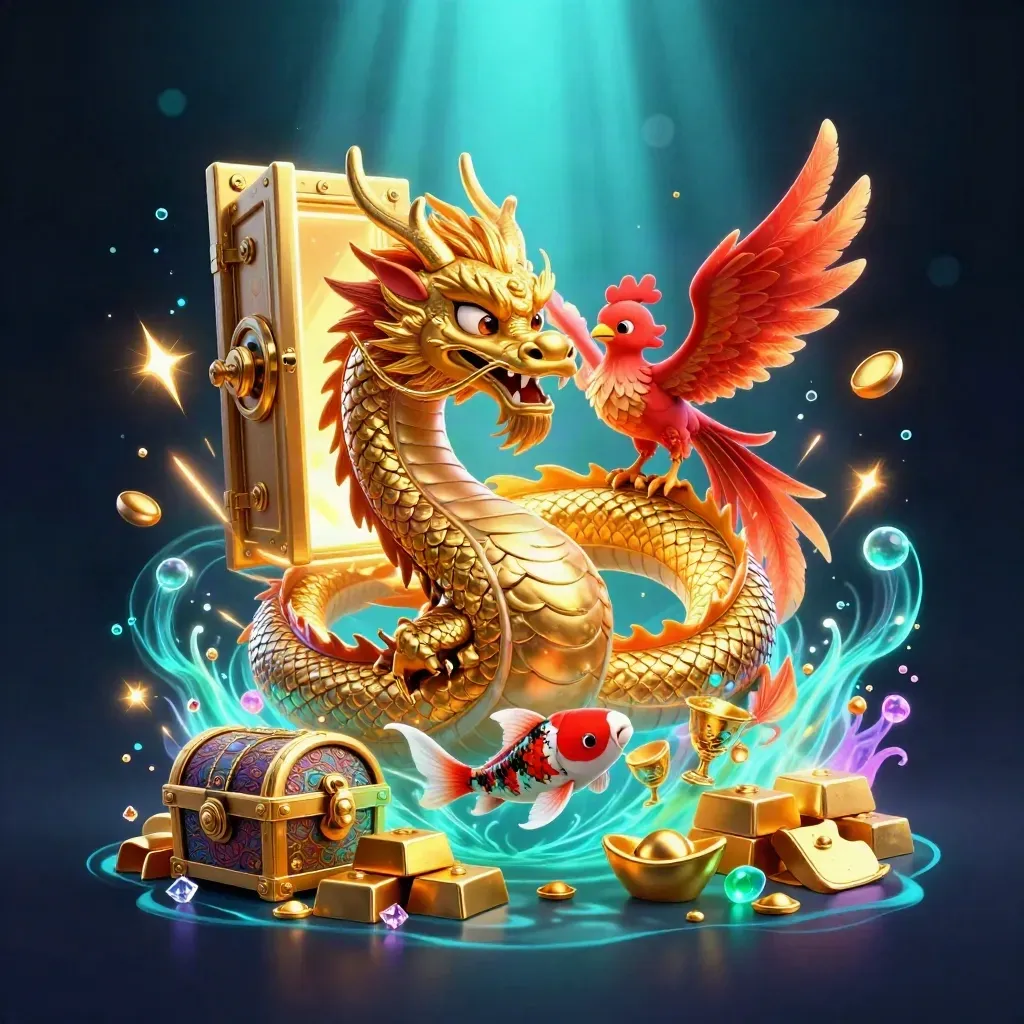 Golden dragon, phoenix, and koi burst from a glowing treasure vault with jewels and gold.