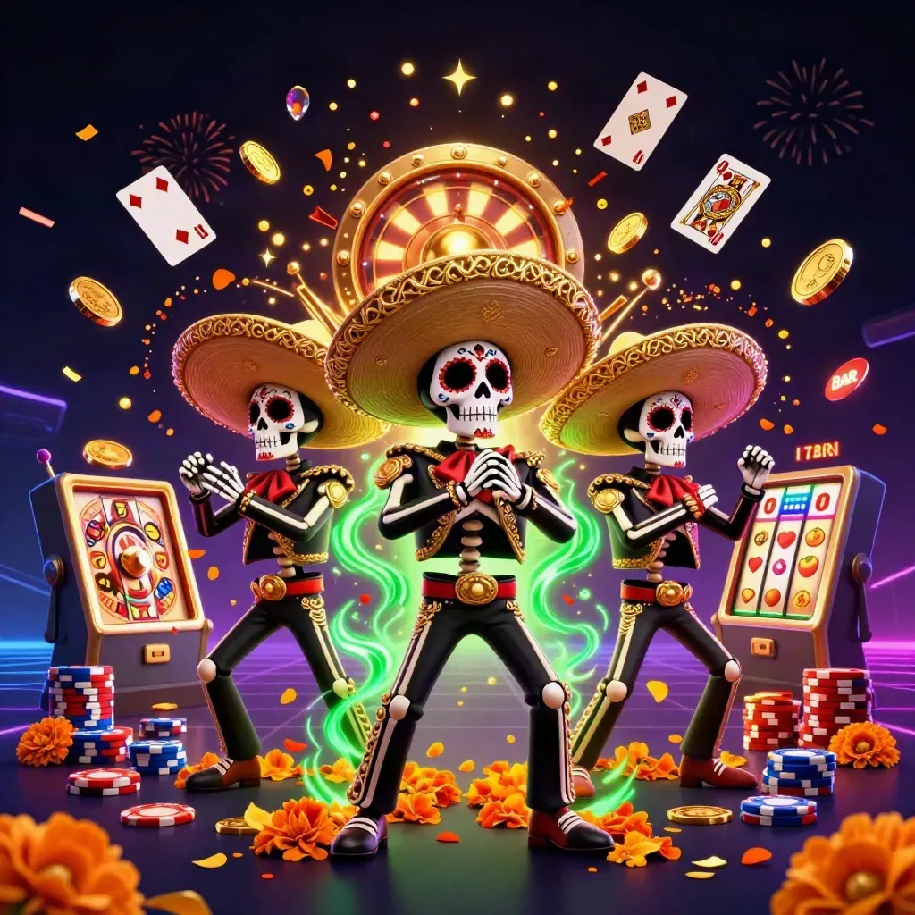Skeleton mariachi trio with coins, chips, cards, roulette wheel, and neon casino effects