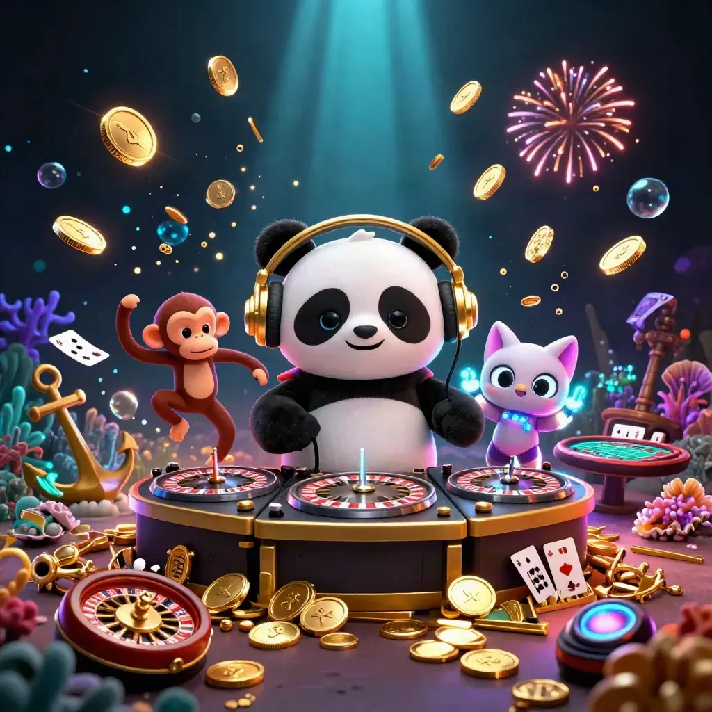 3D casino cartoon heroes in an underwater treasure explosion with coins, coral, cards, and neon glow