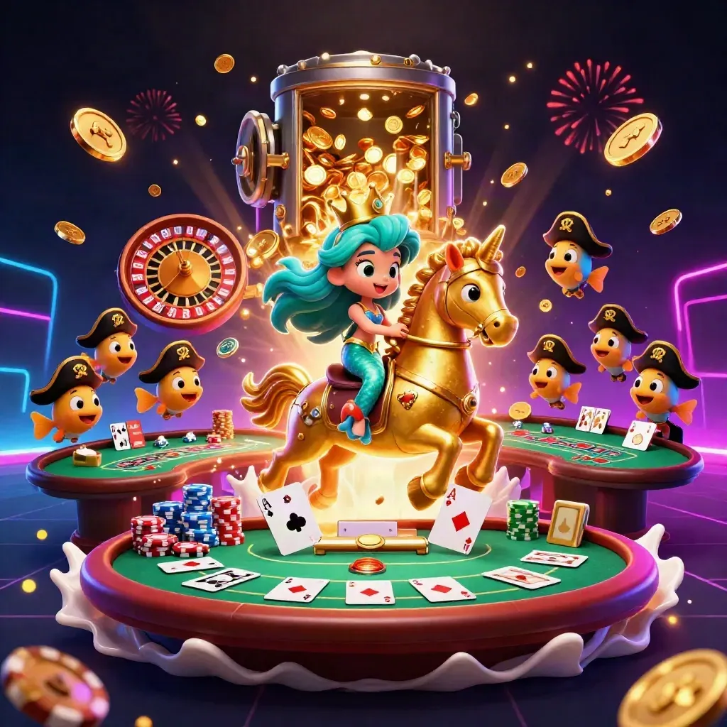 Mermaid princess on a golden seahorse amid chips, cards, coins, fireworks, and casino lights.