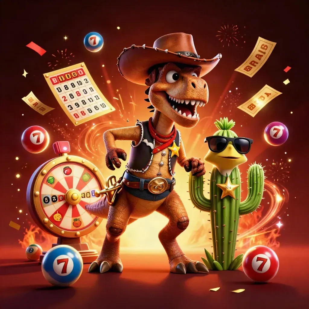 Cowboy T-Rex trio amid casino reels, tickets, confetti, sparks, and glowing jackpot effects.