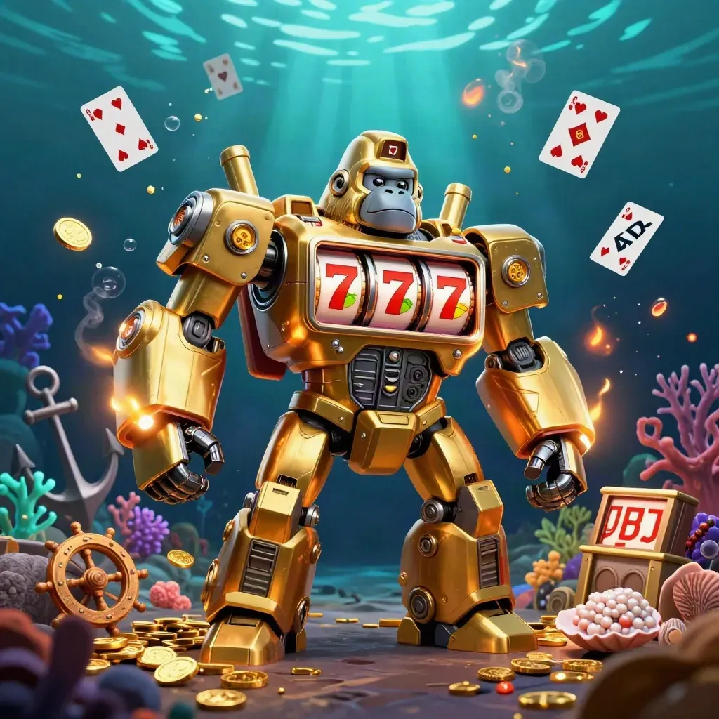 Golden gorilla slot mech with monkey pilot amid underwater treasure and glowing casino effects