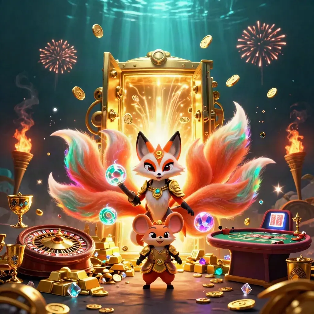 Nine-tailed fox spirit and armored mouse amid vault burst, coins, gems, and casino treasures.