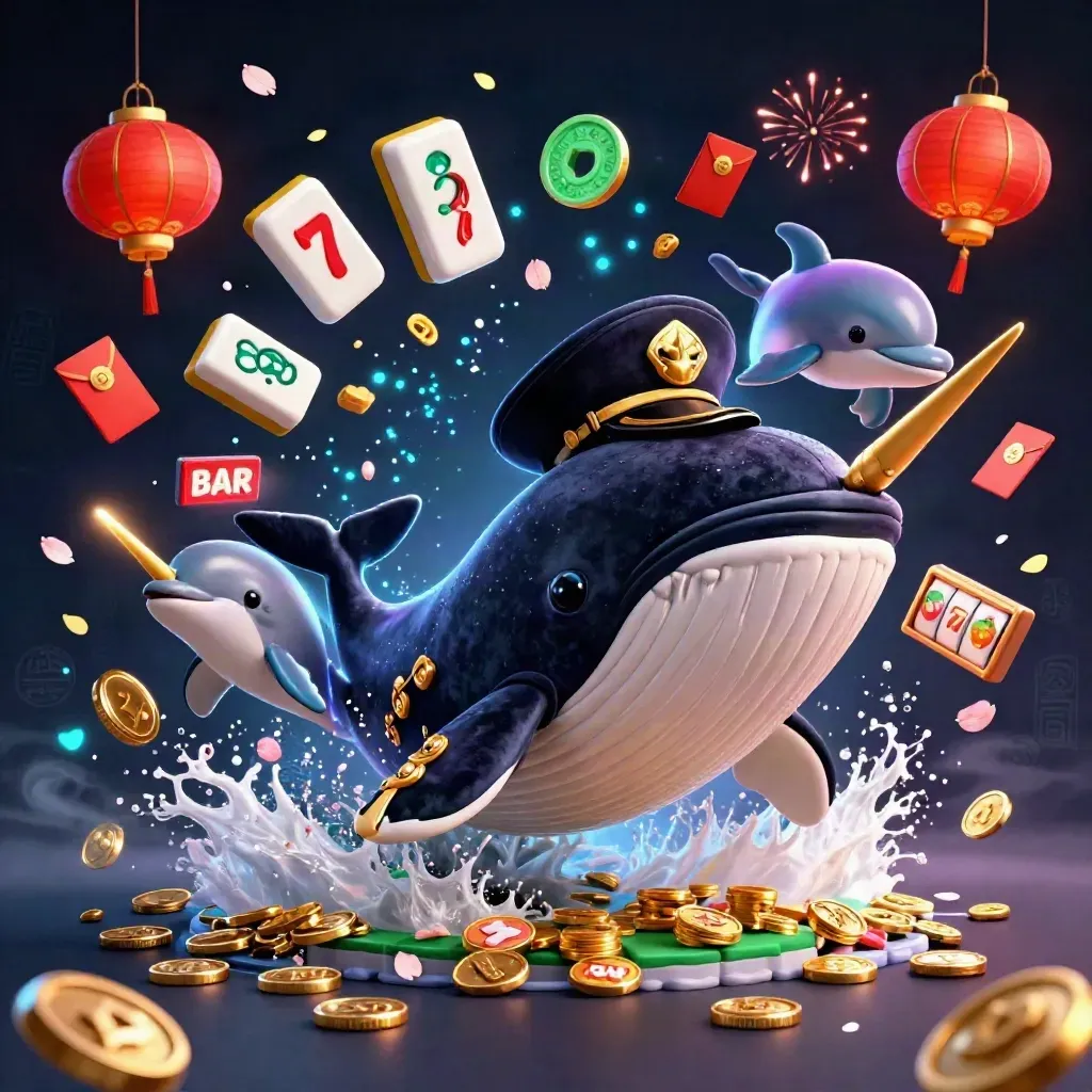 Whale captain, narwhal, and dolphins burst through coins with casino symbols and lanterns.