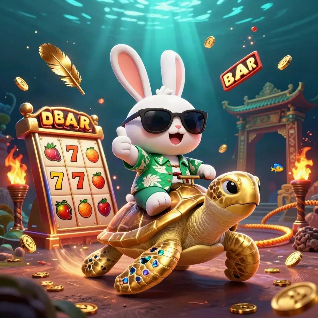 Lucky rabbit rides a golden sea turtle through casino fantasy underwater lights.