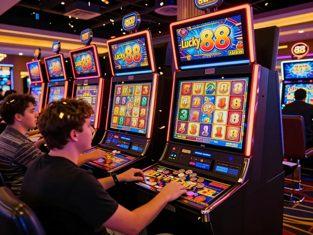 Players celebrating wins at the Lucky 88 slot machine in a lively casino environment