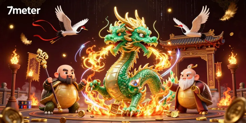 Experience the thrill of betting on 7meter with a dynamic scene featuring an emerald dragon, turtle sage, and lucky cranes.
