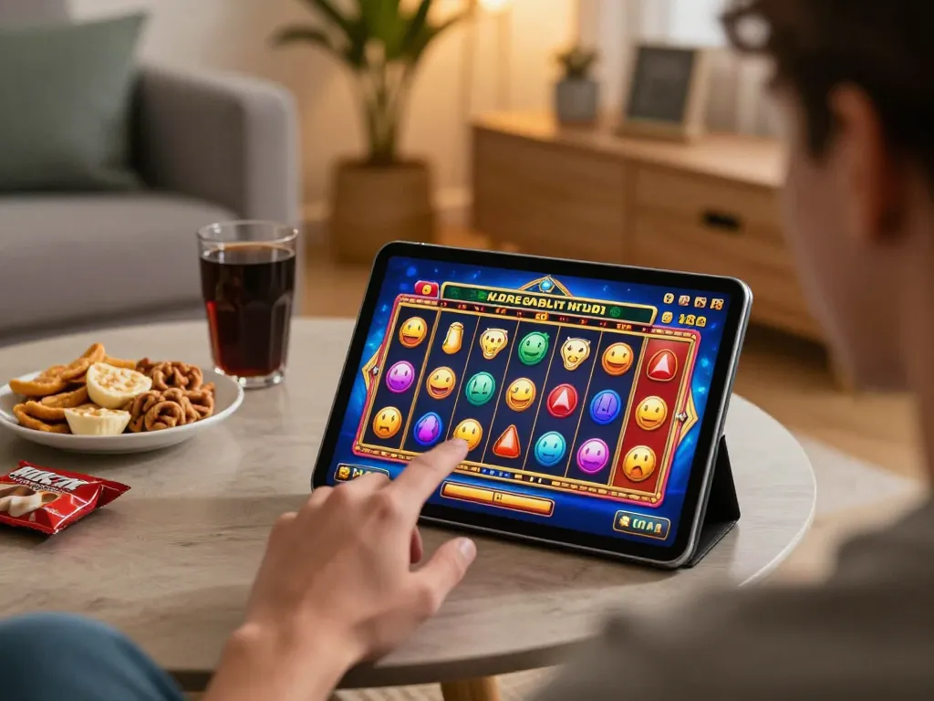 Engaging in exciting gameplay on kerajaanslot with colorful slot graphics on a tablet.