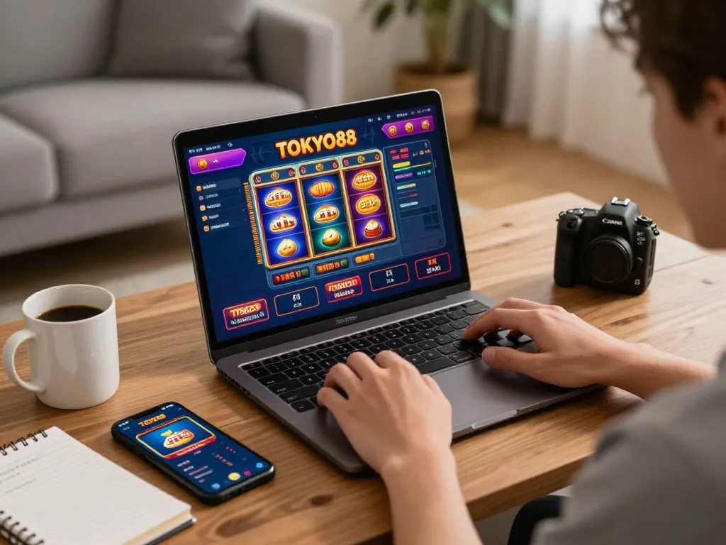 Pemain berinteraksi dengan antarmuka kasino online tokyo88 sambil menikmati pengaturan permainan di rumah yang nyaman.