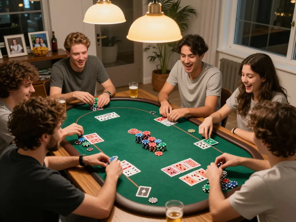 Friends playing poker with excitement in a cozy home setting during a LODE888 game night.
