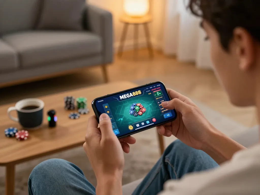 Mega888 today gameplay as a player engages with the mobile app comfortably at home.