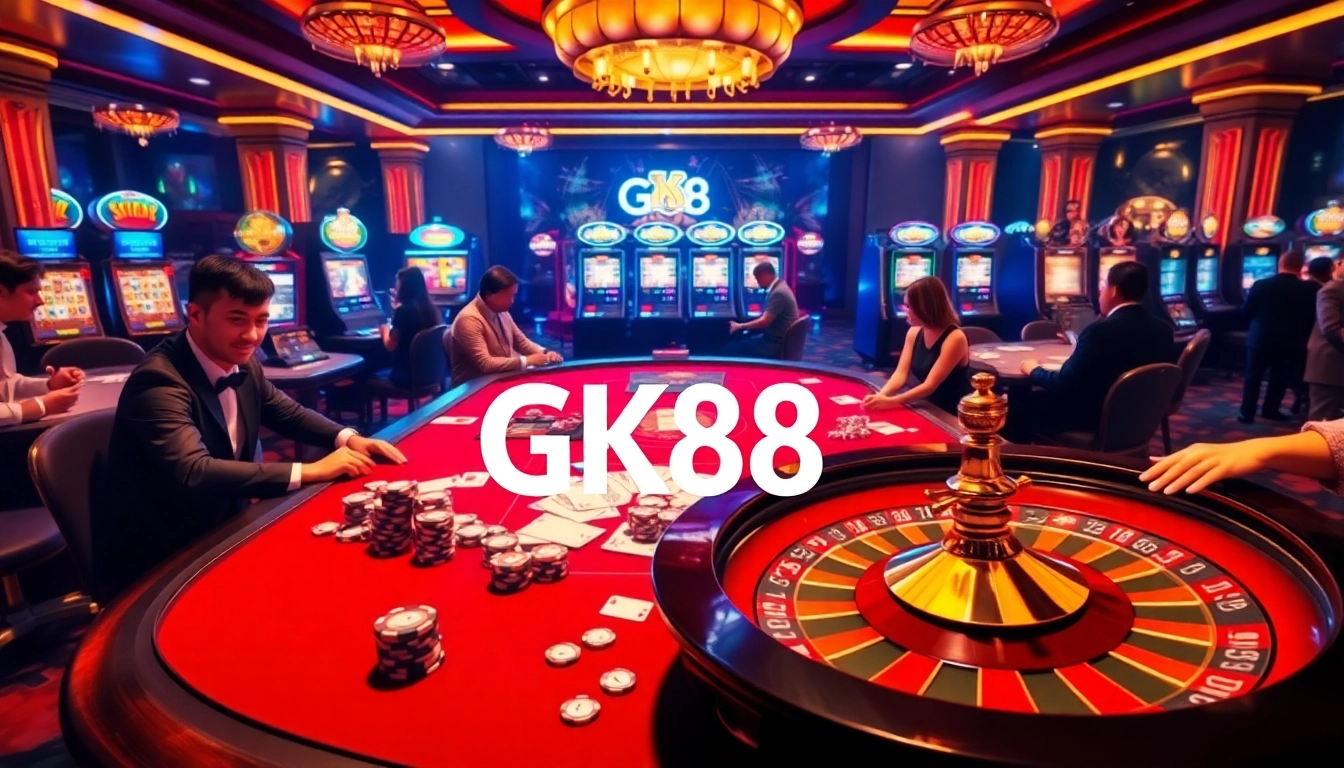 GK88 players engaging in high-stakes gambling at a luxurious casino table with vibrant colors.