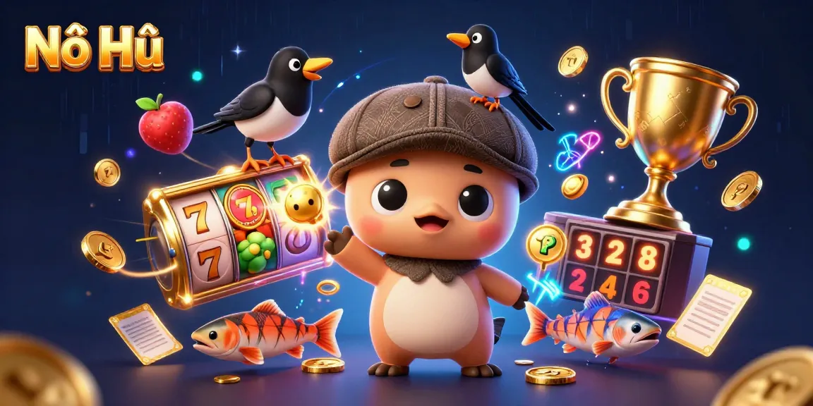 Engage with Nổ Hũ experience featuring cartoon characters celebrating wins with slots.
