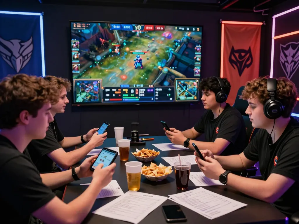 Dota 2 betting action scene with friends engaging in live match viewing, mobile devices for betting, and game statistics.
