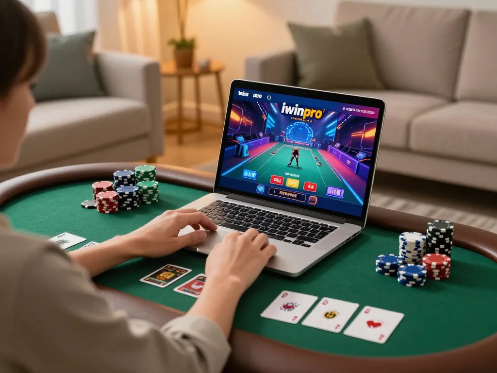 Player enjoying online gaming via iwinpro app on a laptop, vibrant poker scene.
