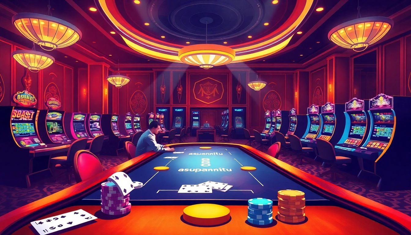 A dynamic casino environment featuring players at a table, showcasing asupanjitu's engaging betting experience with vibrant decor.