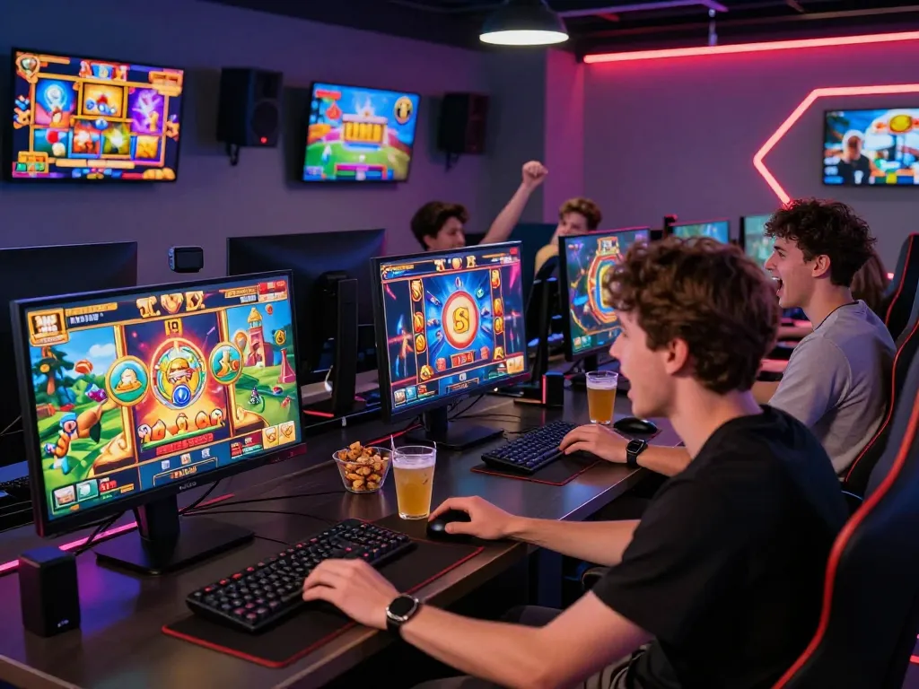 Players enjoying zeus138 slot games in a vibrant gaming lounge, celebrating wins and engaging with high-tech visuals.