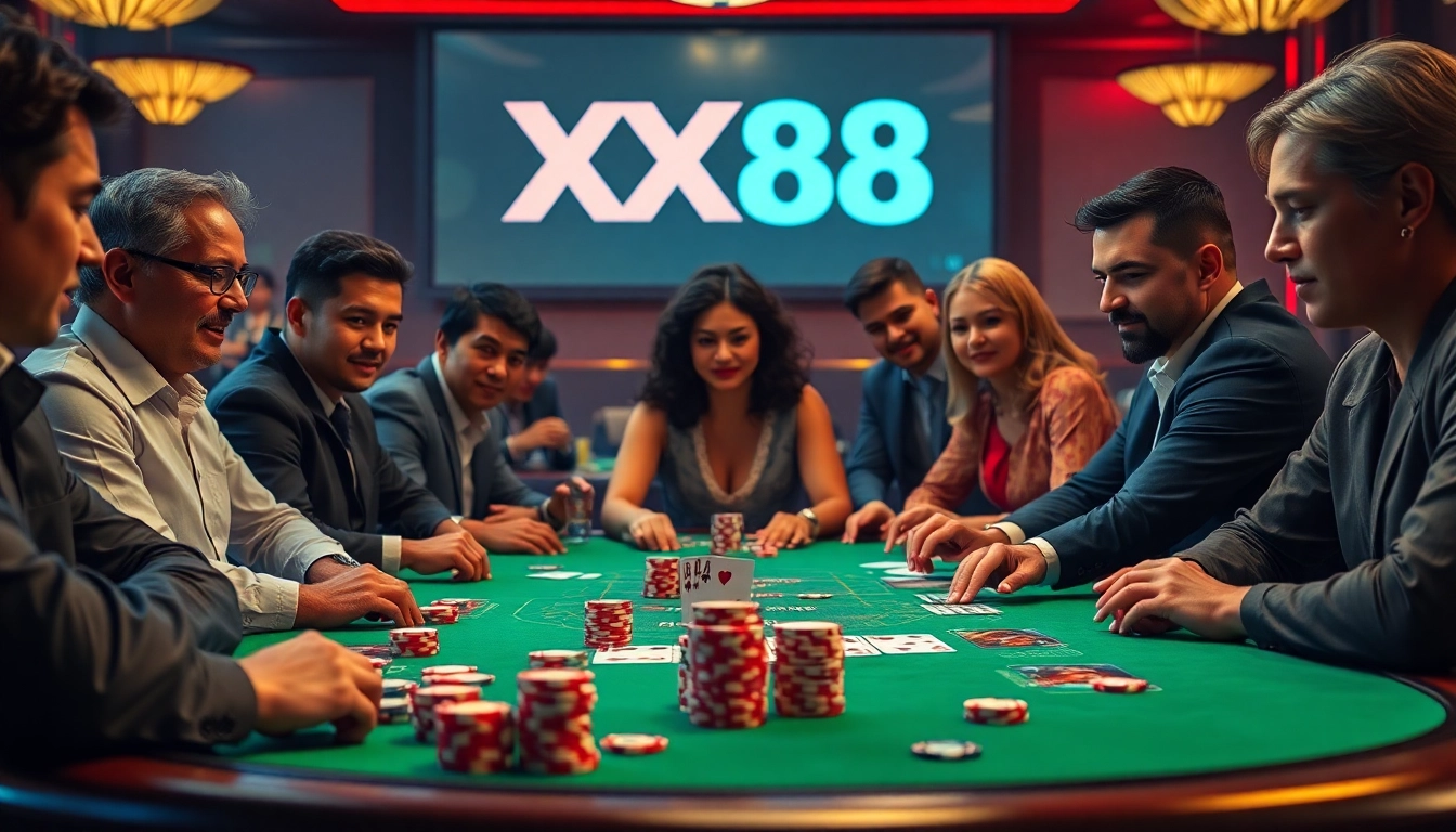 Engaging in high-stakes poker at XX88 with vibrant chips and focused players.