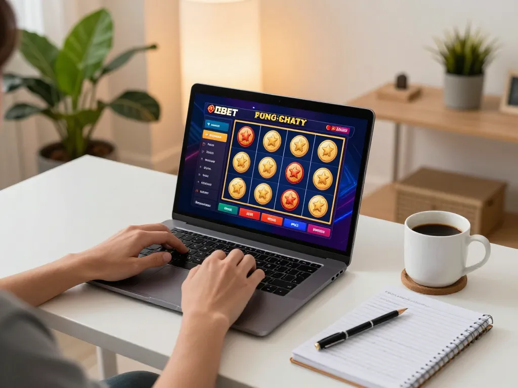 Engaging in DEBET online casino gameplay with vibrant slot game interface on a stylish desk