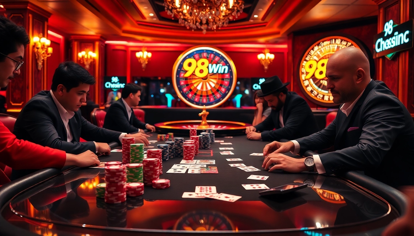 Experience a thrilling poker game at 98Win's luxurious casino, featuring vibrant chips and cards.