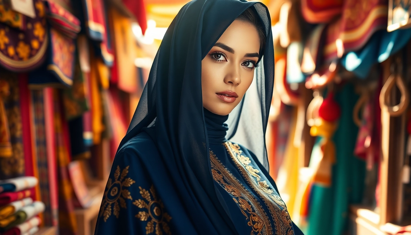Elevate your style with stunning abaya from premier Abaya manufacturer showcasing intricate designs in a vibrant market.