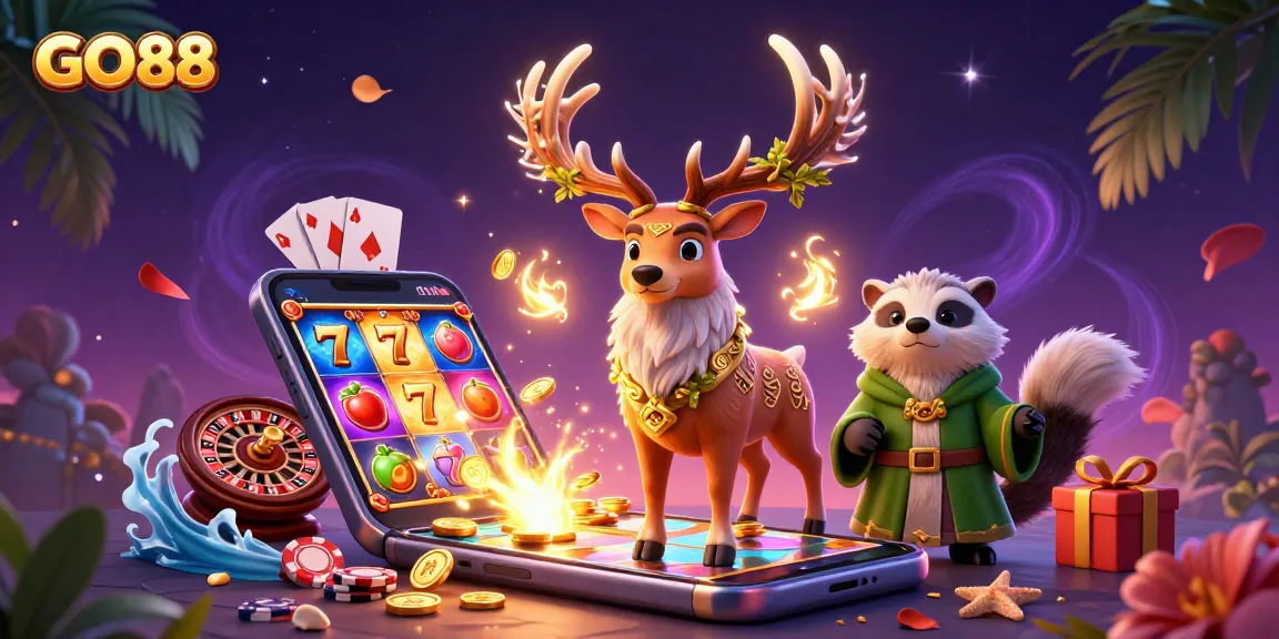 Engage with GO88's thrilling slot games in this vibrant 3D casino scene.
