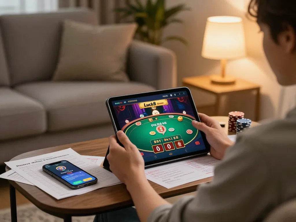Relaxed player enjoying Luck8 online casino games on tablet with strategy notes nearby.