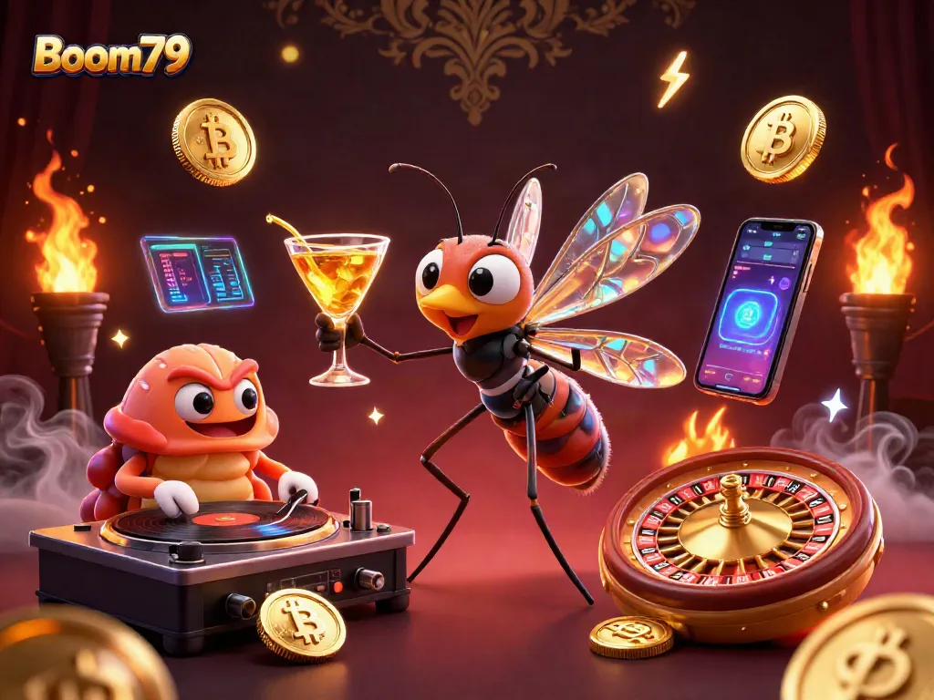 Experience Boom79 with vibrant casino mascots and cryptocurrency elements creating a thrilling atmosphere.