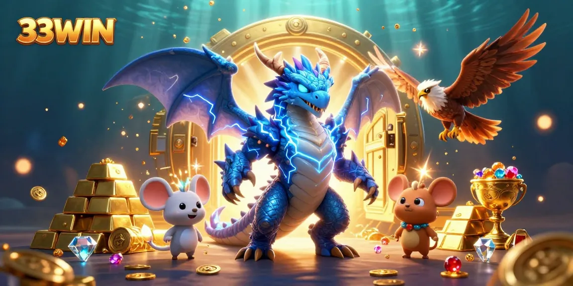 Experience excitement with 33WIN at an electrifying casino scene featuring dynamic characters and treasures.