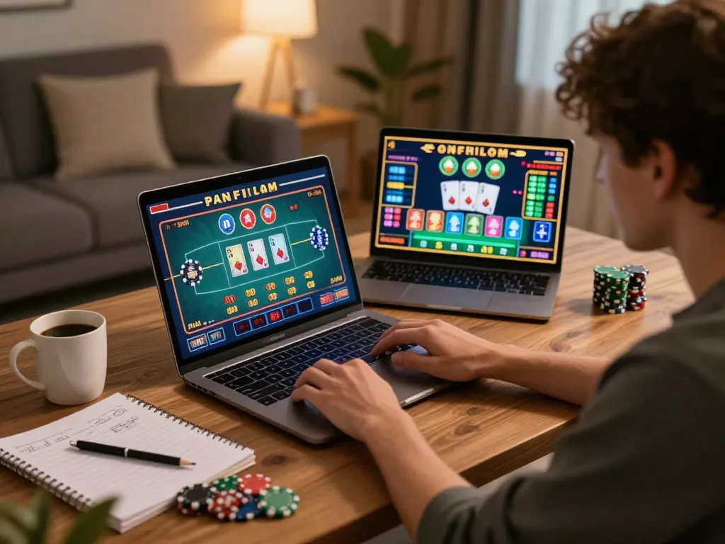 Player enjoying 789P online casino games at home, showcasing a vibrant gaming atmosphere.