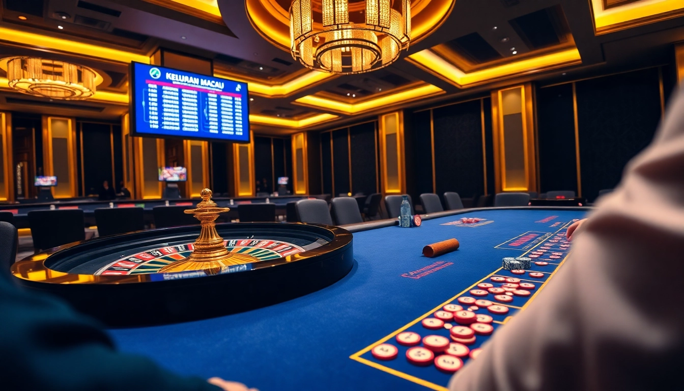 Keluaran Macau results displayed on a vibrant casino table with chips and cards.