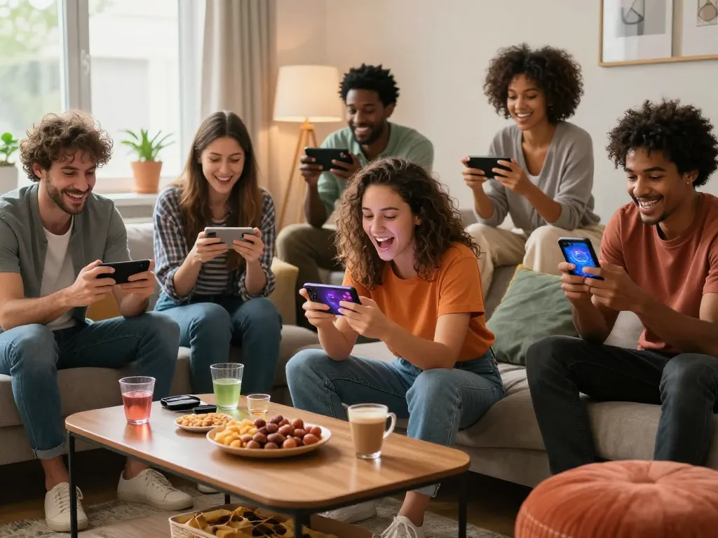Adults enjoying interactive sex games on mobile devices in a cozy living room setting.