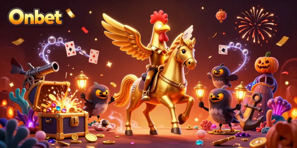 Engage in the excitement of Onbet with a golden rooster and crow companions in a vibrant casino scene.