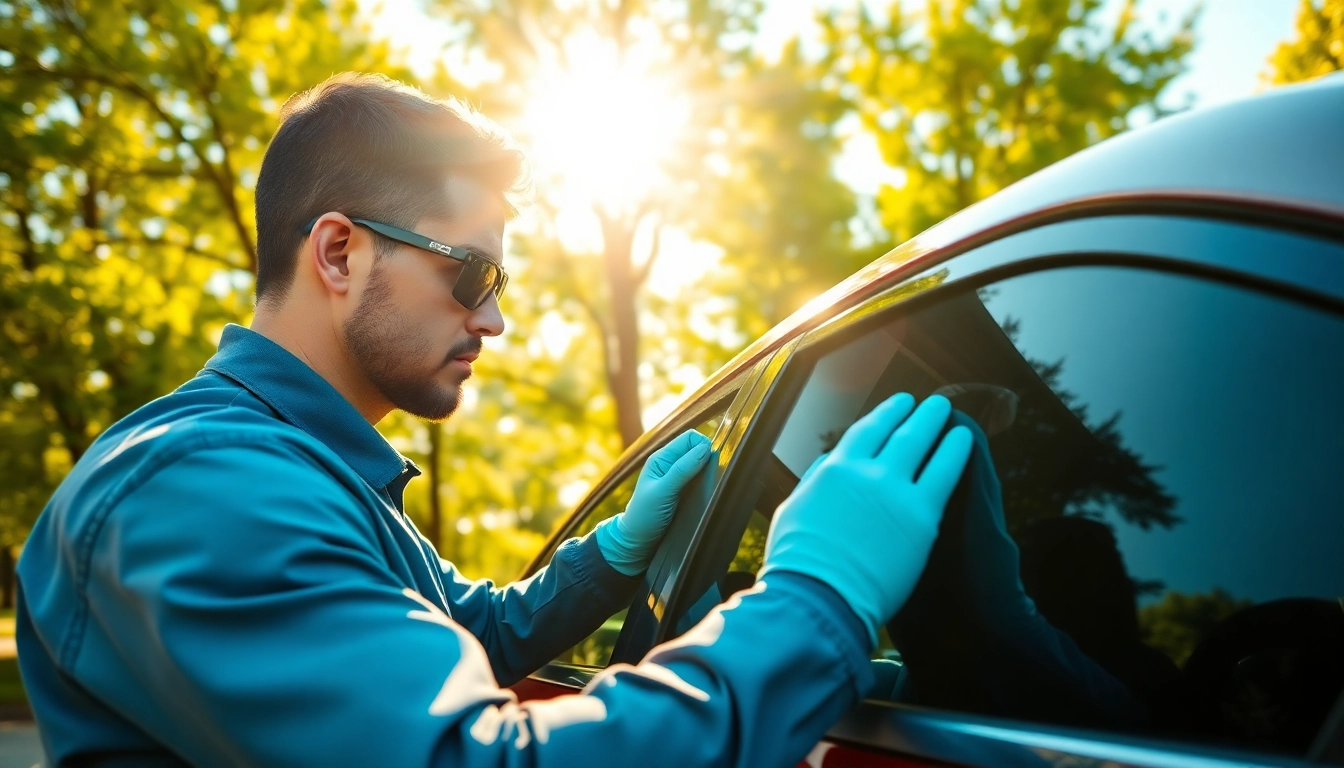 Enhance your vehicle with expert window tinting Cleveland TN, showcasing precise tint application by a skilled technician.