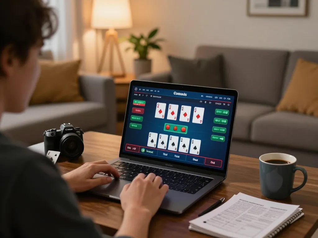 Engaging in online betting with tỷ lệ kèo nhà cái 5 at home on a laptop, showcasing strategic gameplay.