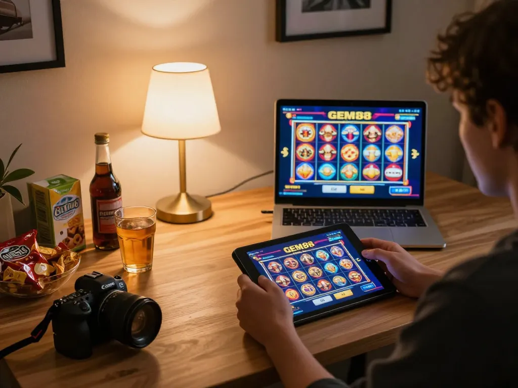 GEM88 player engaging with vibrant slot games on tablet in cozy home setting