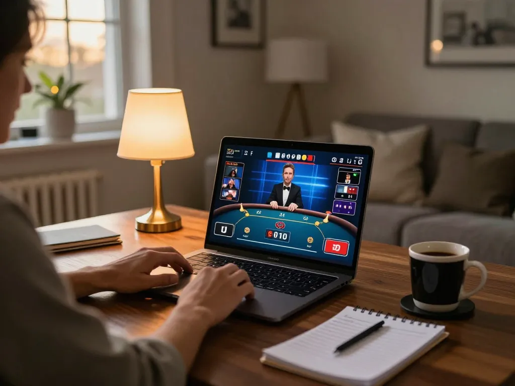 bdtk66 online poker player engaged in strategic gaming at home with laptop and notes